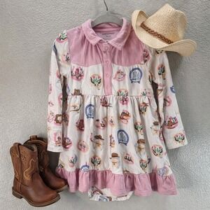 Angel Dear Western Print Dress Pink Ruffle Hem Long Sleeve Toddler 18-24M